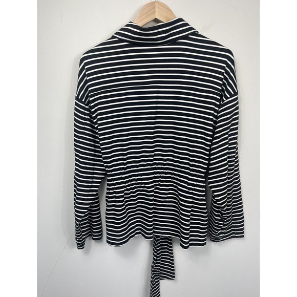 Chicos Sweatshirt Jacket Womens Size 2 Black White Stripe Zip Up Belt Collar L - Picture 7 of 10
